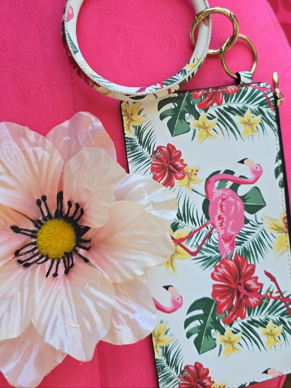 Floral Flamingo Wristlet Keychain - Pink